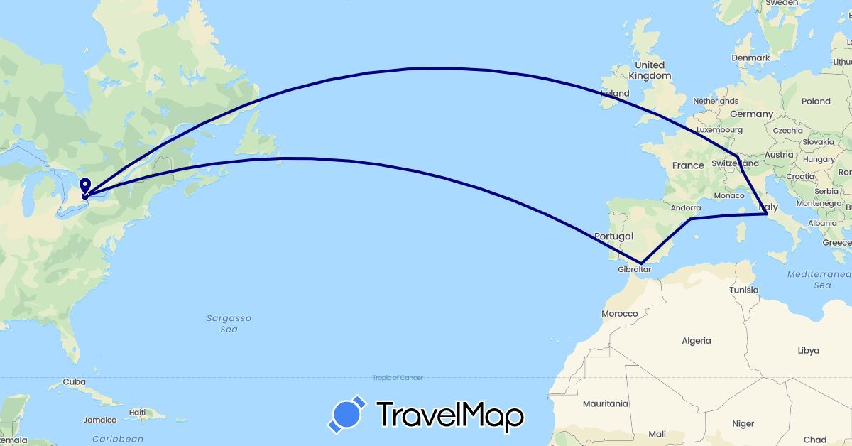TravelMap itinerary: driving in Canada, Switzerland, Spain, Italy, Portugal (Europe, North America)